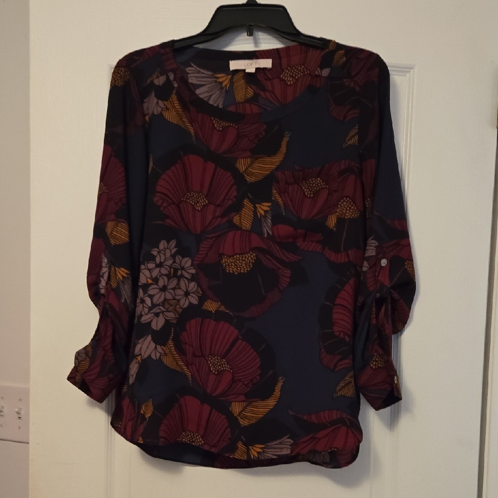 2/$20 LOFT Red and Orange Graphic Blouse 3/4 Sleeve, XS